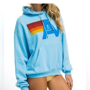 Aviator Nation Blue Hoodie with Rainbow Stripes